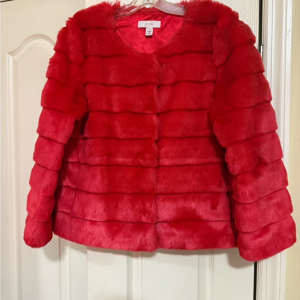 Scripted Fire Red Faux Fur Cropped Jacket in Medium